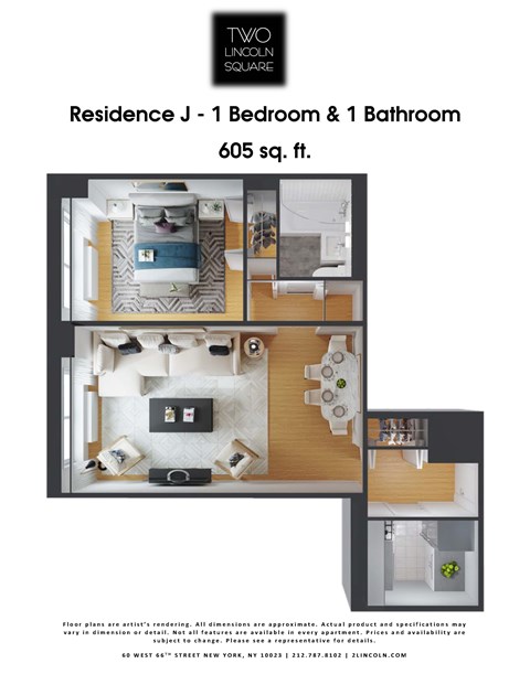 Floor plan for 1 bed, 1 bath, 605 sqft